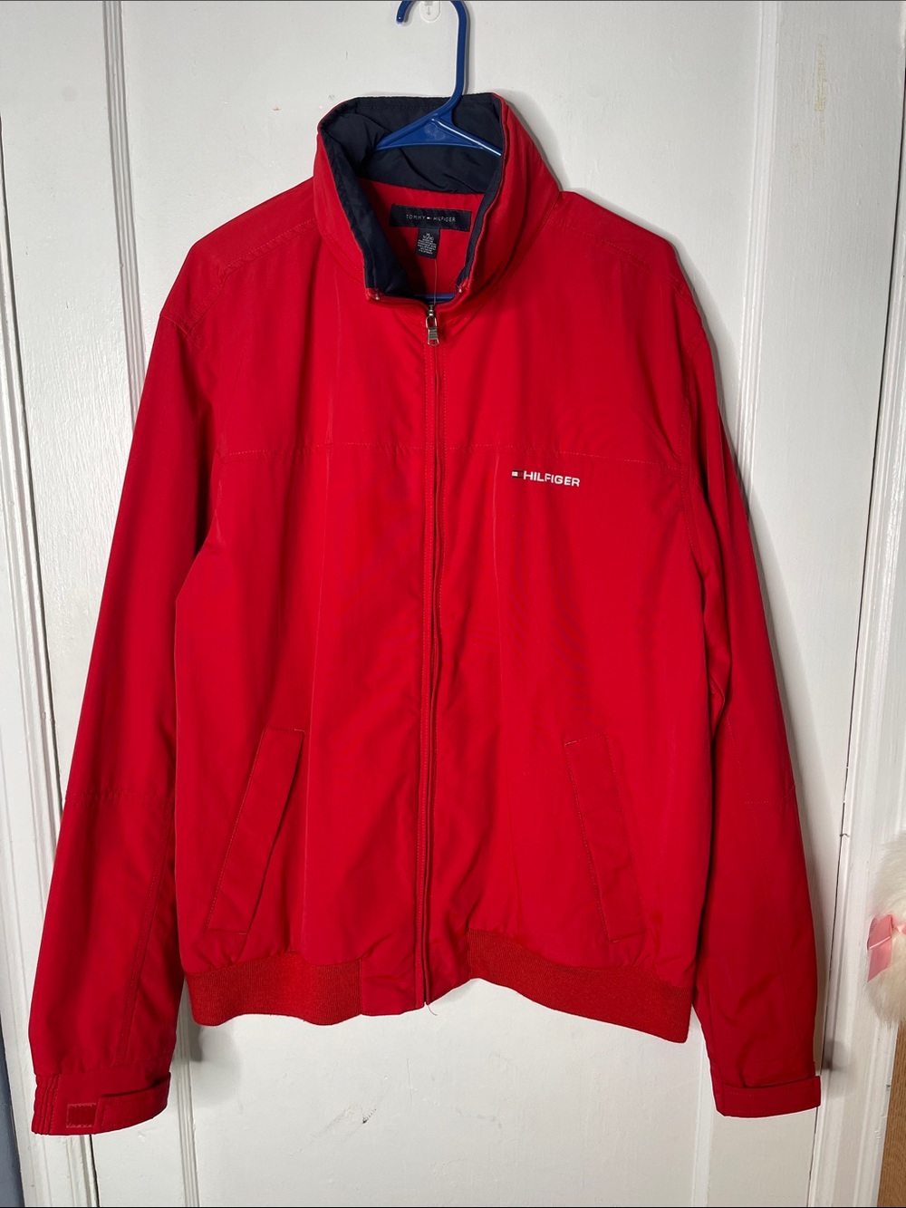 Tommy Hilfiger Jacket XL Water Stop Men’s Red Zip Front Lightweight Hidden Hood